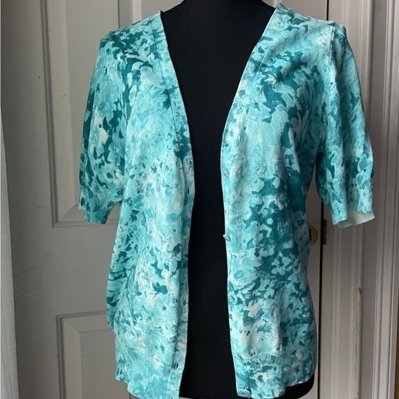 𝅺talbots Short Sleeve Cardigan Sweater Blue Floral Print Petite Large - Picture 3 of 6